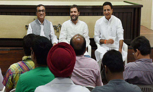 AICC Vice President Rahul Gandhi with Delhi Congress chief Ajay Maken and party leader Randeep Surjewala meeting with representatives of organizations of home/flat buyers in Delhi-NCR region, at AICC office in New Delhi (Photo: PTI) AICC Vice President Rahul Gandhi with Delhi Congress chief Ajay Maken and party leader Randeep Surjewala meeting with representatives of organizations of home/flat buyers in Delhi-NCR region, at AICC office in New Delhi (Photo: PTI)